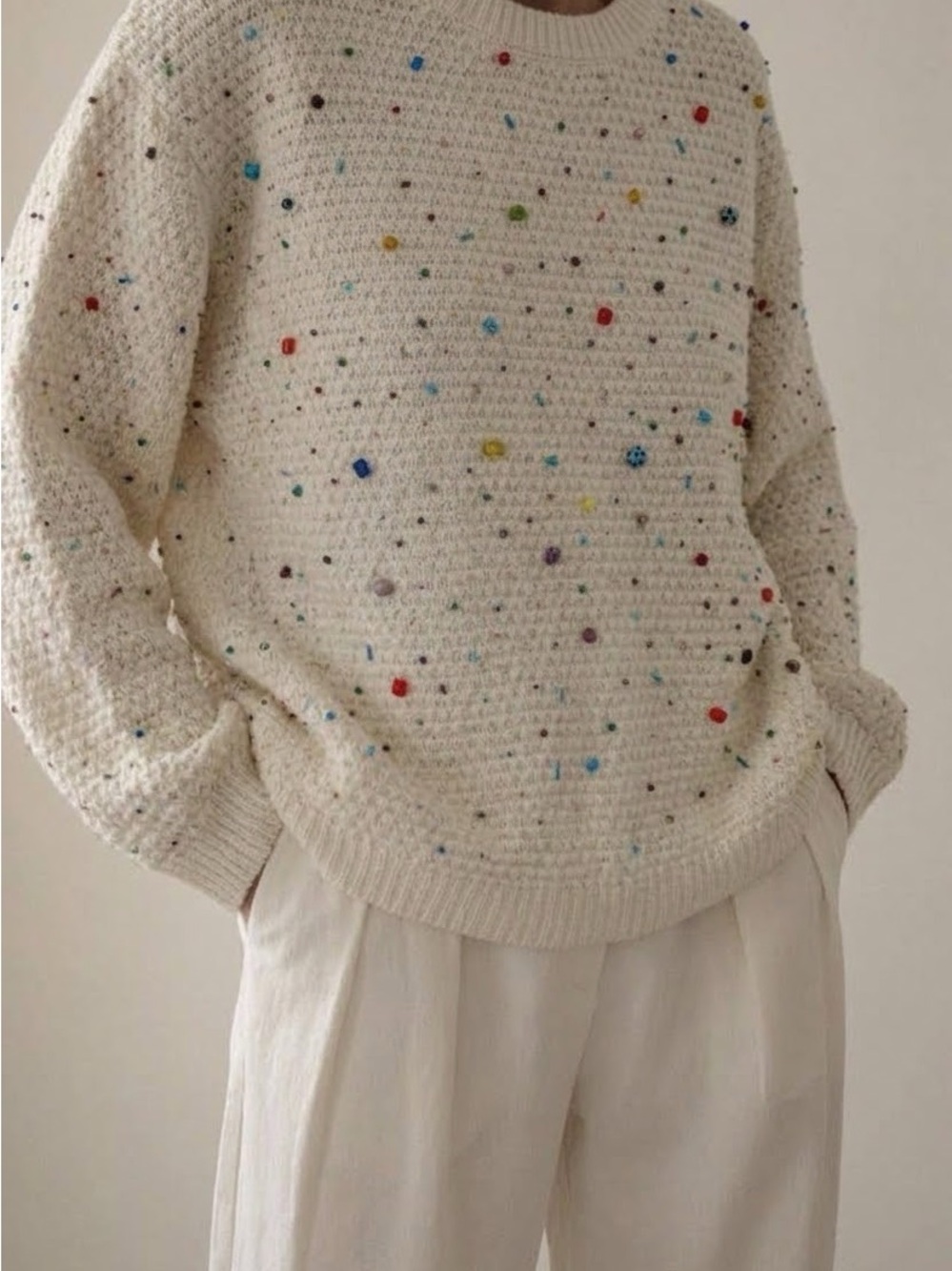 Hand Made Cream Speckled Knit Sweater - Women's Cozy Crewneck